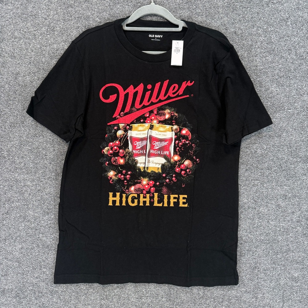 MIller HIgh Life Holiday Tshirt Mens Small Black Old Navy Wreath Graphic NEW
